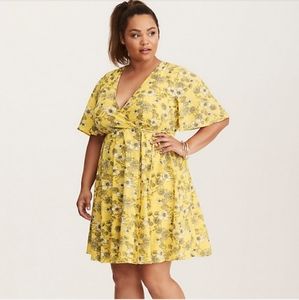Torrid | Yellow Floral Faux Wrap Dress, Sz. 20
